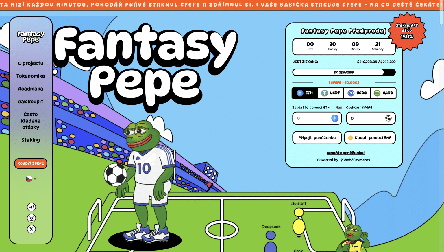Fantasy Pepe kombinuje sázení na AI zápasy s gamifikací a získáváním tokenů v široké komunitě fanoušků.