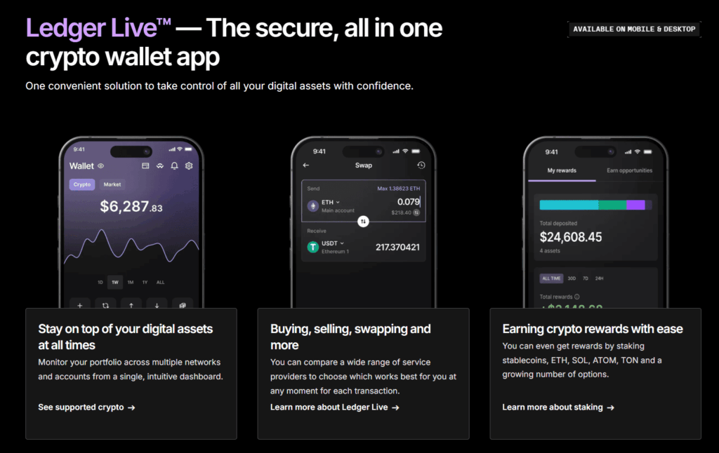 Kryptoměnová peněženka Ledger nabízí přehlednou Ledger Live aplikaci