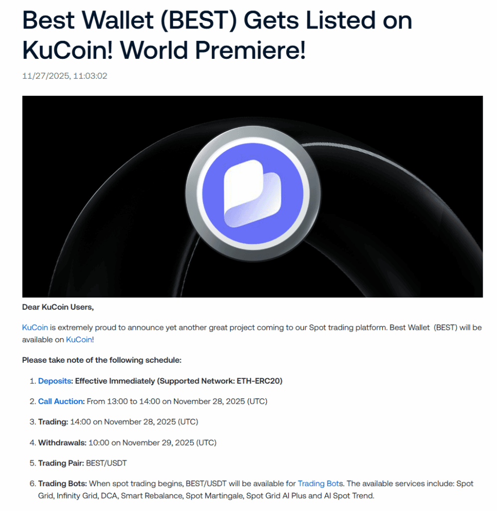Best Wallet Token listing na Kucoinu - oficiální blog