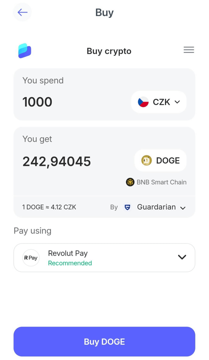 Dokonceni nakupu dogecoinu v Best-Wallet