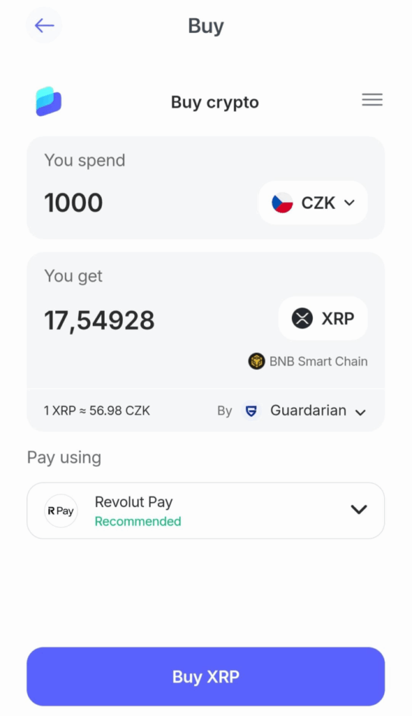 Volba měny při nákup XRP v Best Wallet