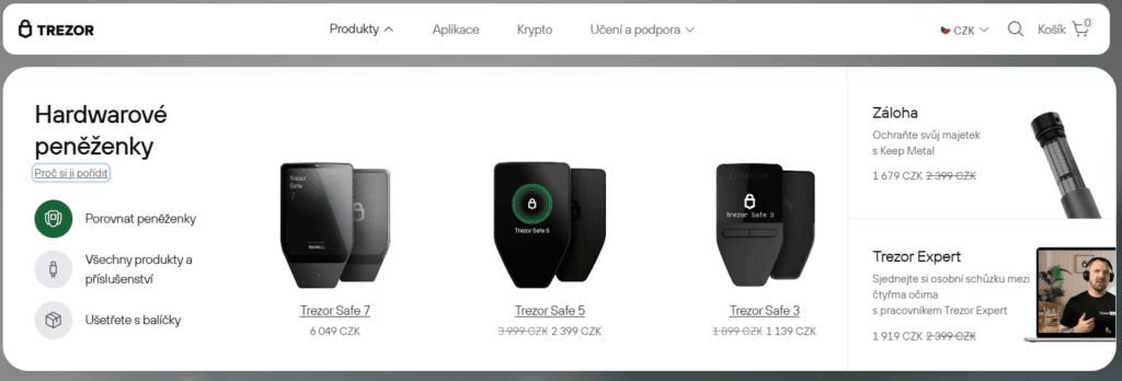 Výběr Trezor peněženky na oficiální stránce